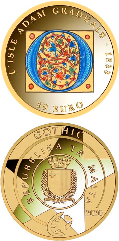 Image of 50 euro coin - L’Isle Adam Graduals | Malta 2020.  The Gold coin is of Proof quality.