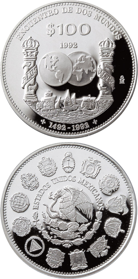 Image of 100 pesos coin - Columnaria  | Mexico 1992.  The Silver coin is of Proof quality.