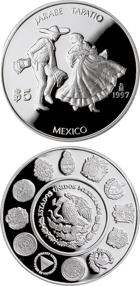 Image of 5 pesos coin - Jarabe Tapatío  | Mexico 1997.  The Silver coin is of Proof quality.