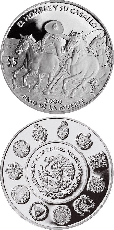 Image of 5 pesos coin - The Ride of the Death  | Mexico 2000.  The Silver coin is of Proof quality.