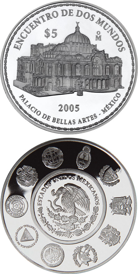 Image of 5 pesos coin - Architecture and Monuments – Palace of Fine Arts  | Mexico 2005.  The Silver coin is of Proof quality.