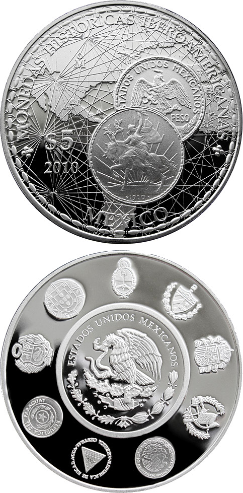 Image of 5 pesos coin - Historic Ibero-American Coins | Mexico 2010.  The Silver coin is of Proof quality.