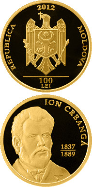 Image of 100 leu coin - Ion Creangă | Moldova 2012.  The Gold coin is of Proof quality.