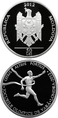 Image of 50 leu coin - The 2012 Summer Olympic Games | Moldova 2012.  The Silver coin is of Proof quality.