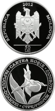 Image of 50 leu coin - Lady's slipper orchid | Moldova 2012.  The Silver coin is of Proof quality.