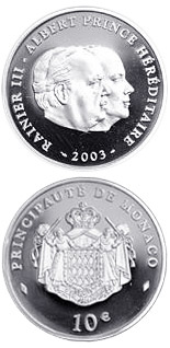 Image of 10 euro coin - 80th Birthday of Prince Rainier III.  | Monaco 2003.  The Silver coin is of Proof quality.
