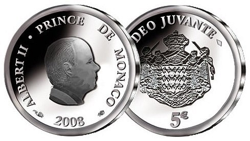 Image of 5 euro coin - 50th Birthday of Prince Albert II.  | Monaco 2008.  The Silver coin is of BU quality.