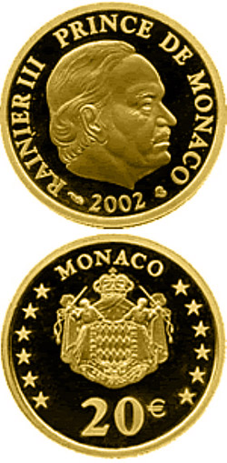 Image of 20 euro coin - Prince Rainier III. | Monaco 2002.  The Gold coin is of Proof quality.