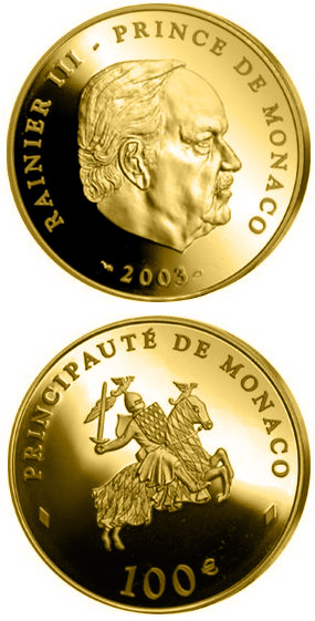 Image of 100 euro coin - 80th birthday of Prince Rainier III.  | Monaco 2003.  The Gold coin is of Proof quality.