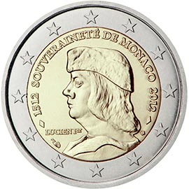 Image of 2 euro coin - The 500th anniversary of the foundation of Monaco's Sovereignty | Monaco 2012