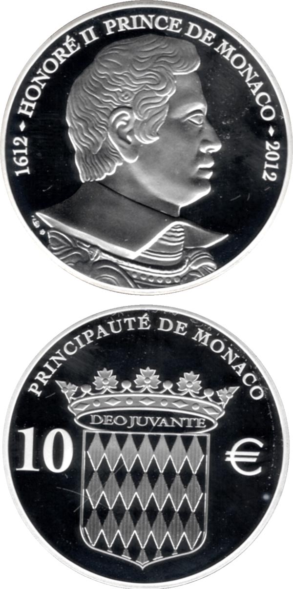 Image of 10 euro coin - Honoré II, Prince of Monaco | Monaco 2012.  The Silver coin is of Proof quality.