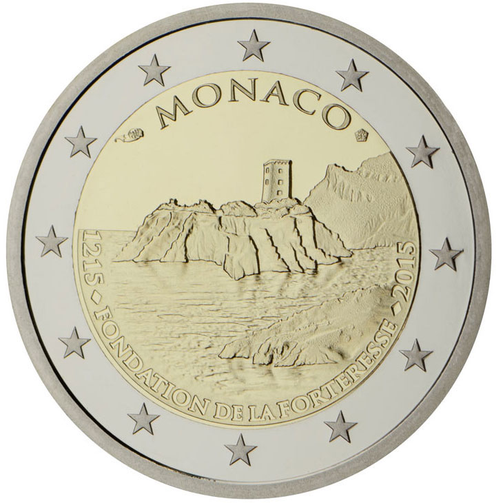 Image of 2 euro coin - 800th Anniversary of the Construction of the first Fortress on the Rock 1215 | Monaco 2015