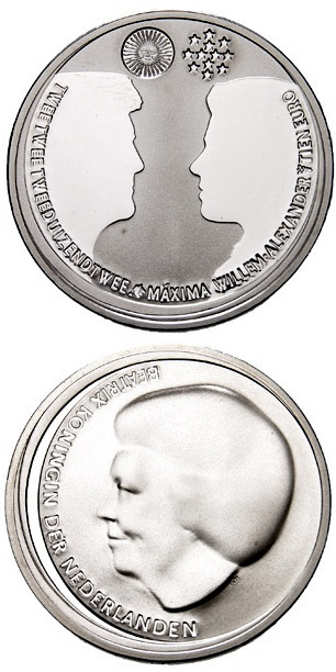 Image of 10 euro coin - Wedding of the Crown Prince  | Netherlands 2002.  The Silver coin is of Proof, UNC quality.