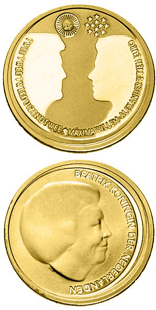 Image of 10 euro coin - Wedding of the Crown Prince  | Netherlands 2002.  The Gold coin is of Proof quality.