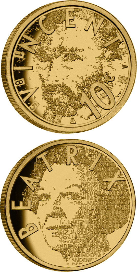 Image of 10 euro coin - 150th birthday of Vincent van Gogh  | Netherlands 2003.  The Gold coin is of Proof quality.