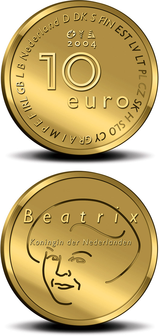 Image of 10 euro coin - EU Presidency - Enlargement of the European Union  | Netherlands 2004.  The Gold coin is of Proof quality.