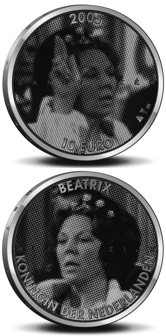 Image of 10 euro coin - 25. Anniversary of the accession to the throne by Queen Beatrix  | Netherlands 2004.  The Silver coin is of Proof, UNC quality.