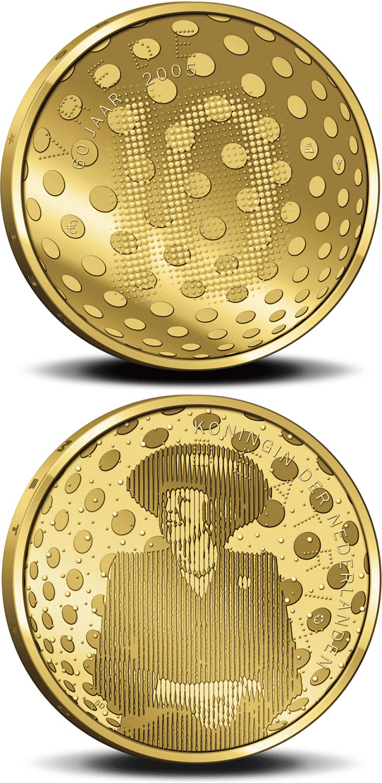 Image of 10 euro coin - 60 years Peace and Freedom  | Netherlands 2005.  The Gold coin is of Proof quality.