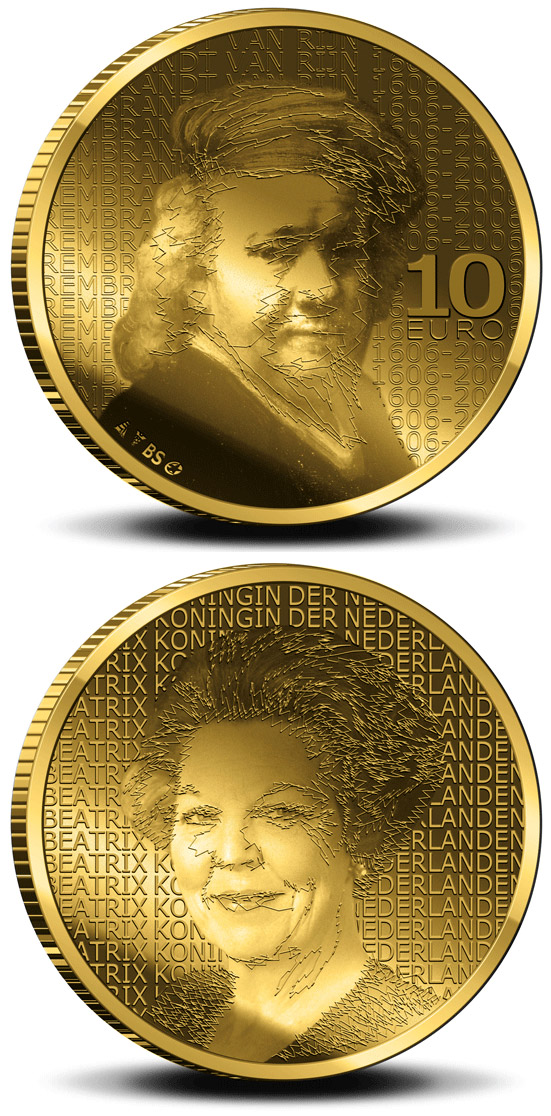 Image of 10 euro coin - 400. birthday of Rembrandt Harmenszoon van Rijn  | Netherlands 2006.  The Gold coin is of Proof quality.