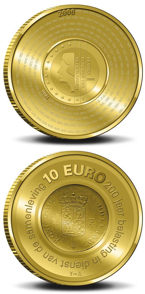 Image of 10 euro coin - 200 years Dutch Financial Office  | Netherlands 2006.  The Gold coin is of Proof quality.