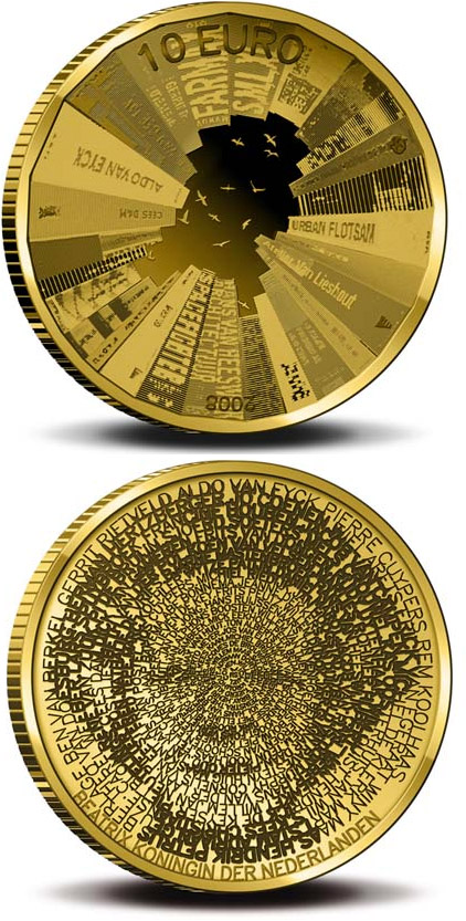 Image of 10 euro coin - Architecture in Netherlands  | Netherlands 2008.  The Gold coin is of Proof quality.