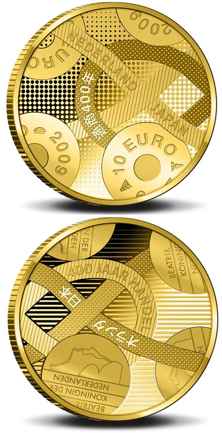 Image of 10 euro coin - 400 years Trade relations with Japan  | Netherlands 2009.  The Gold coin is of Proof quality.