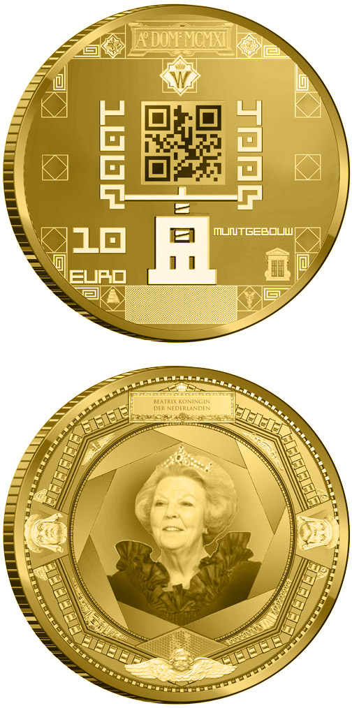 Image of 10 euro coin - 100 year Muntgebouw | Netherlands 2011.  The Gold coin is of Proof quality.