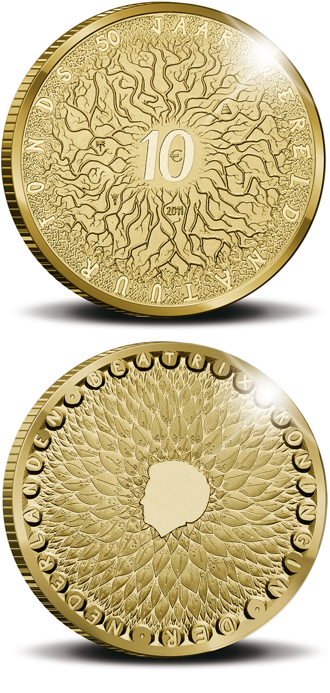Image of 10 euro coin - 50th Anniversary of the World Wildlife Fund (WWF)  | Netherlands 2011.  The Gold coin is of Proof quality.