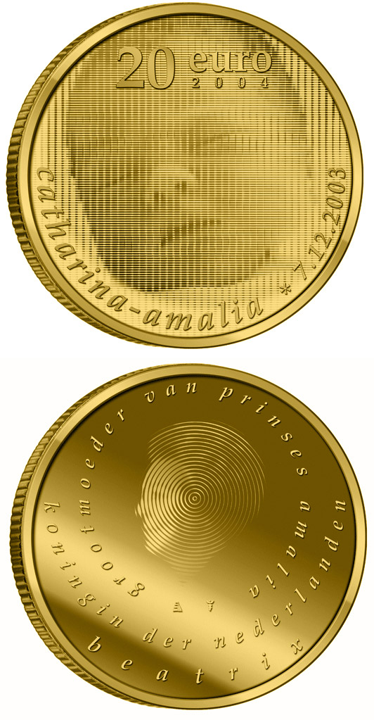 Image of 20 euro coin - Birth of Princess Catharina Amalia  | Netherlands 2004.  The Gold coin is of Proof quality.