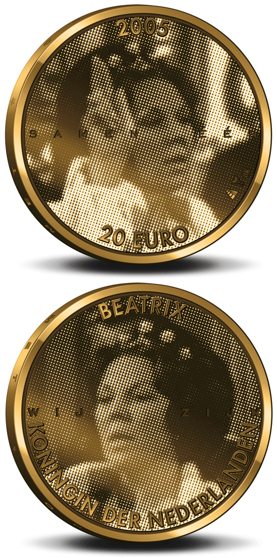 Image of 20 euro coin - 25. Anniversary of the accession to the throne by Queen Beatrix  | Netherlands 2005.  The Gold coin is of Proof quality.