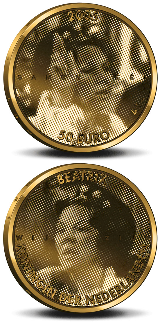 Image of 50 euro coin - 25. Anniversary of the accession to the throne by Queen Beatrix  | Netherlands 2005.  The Gold coin is of Proof quality.
