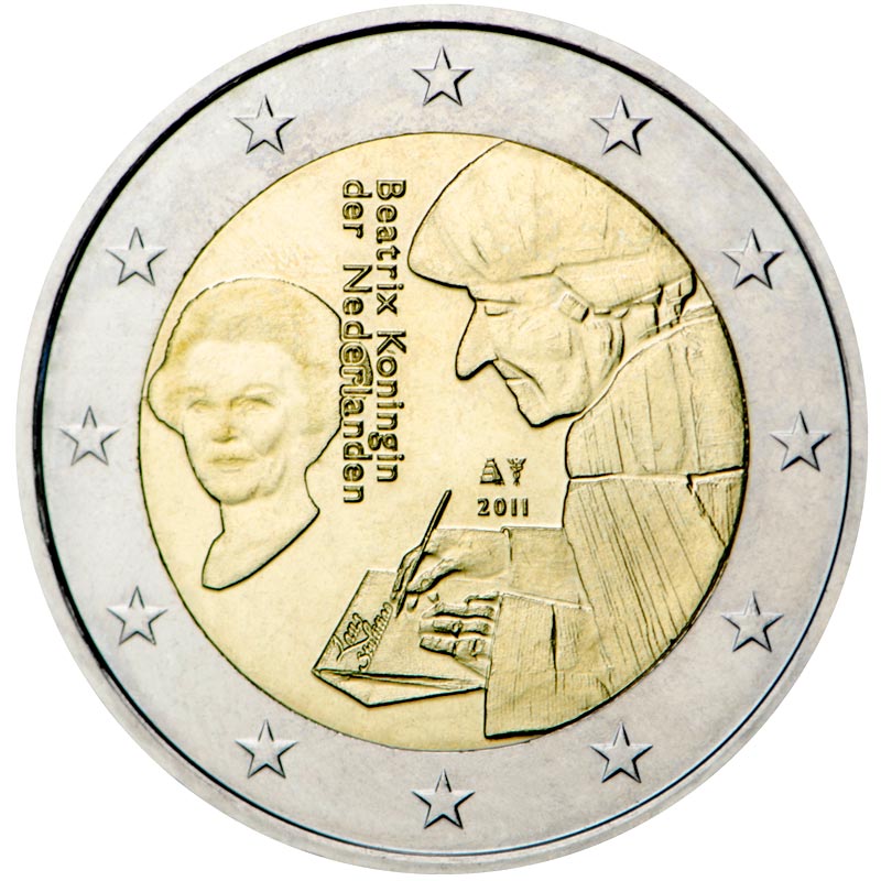 Image of 2 euro coin - The 500th anniversary of the publication of the world-famous book Laus Stultitiae by Desiderus Erasmus | Netherlands 2011