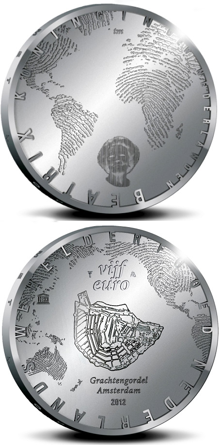 Image of 5 euro coin - 400 years of the Amsterdam Grachtengordel | Netherlands 2012.  The Silver coin is of Proof, UNC quality.