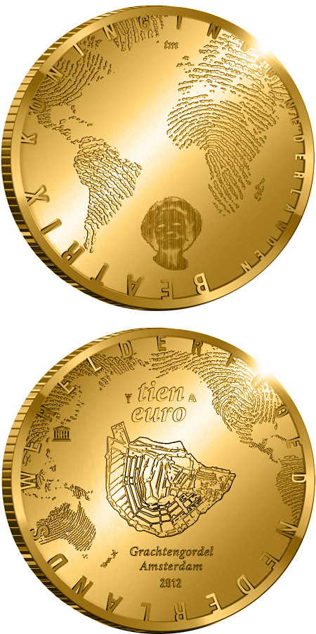 Image of 10 euro coin - 400 years of the Amsterdam Grachtengordel | Netherlands 2012.  The Gold coin is of Proof quality.