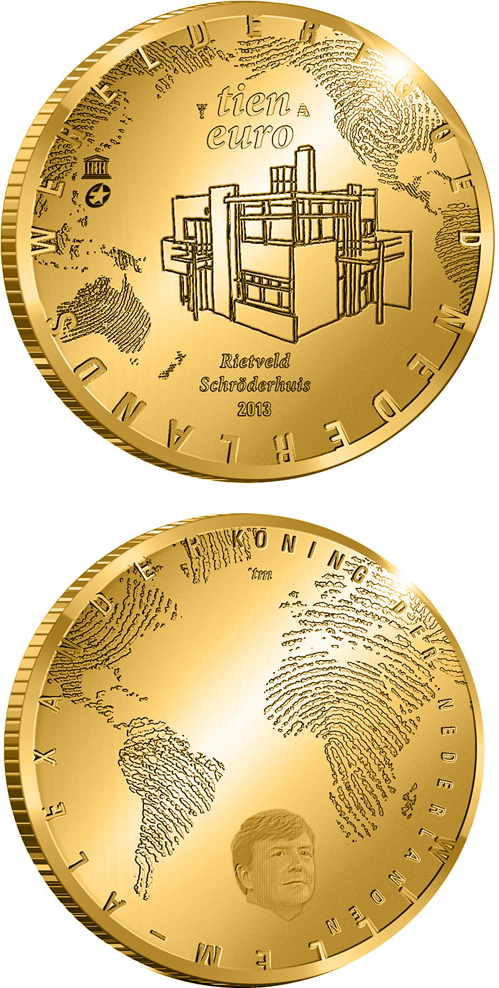 Image of 10 euro coin - The Rietveld Five Euro | Netherlands 2013.  The Gold coin is of Proof quality.