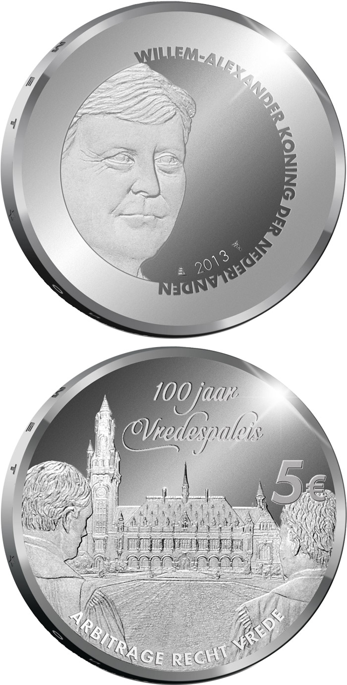 Image of 5 euro coin - Peace Palace 100 Years | Netherlands 2013.  The Silver coin is of Proof, UNC quality.