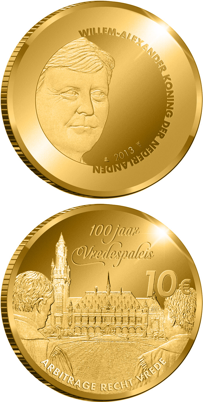 Image of 10 euro coin - Peace Palace 100 Years | Netherlands 2013.  The Gold coin is of Proof quality.
