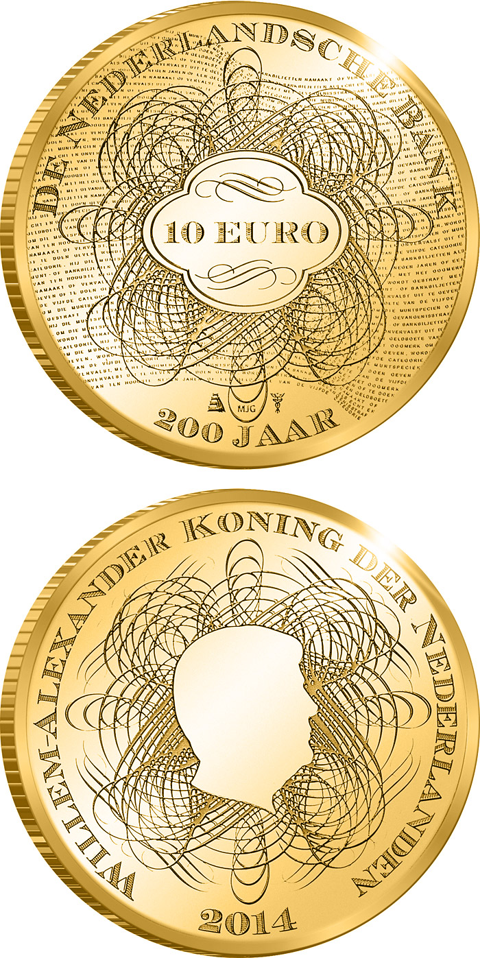 Image of 10 euro coin - De Nederlandsche Bank | Netherlands 2014.  The Gold coin is of Proof quality.