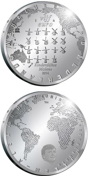 Image of 5 euro coin - The Mill  | Netherlands 2014.  The Silver coin is of Proof, UNC quality.