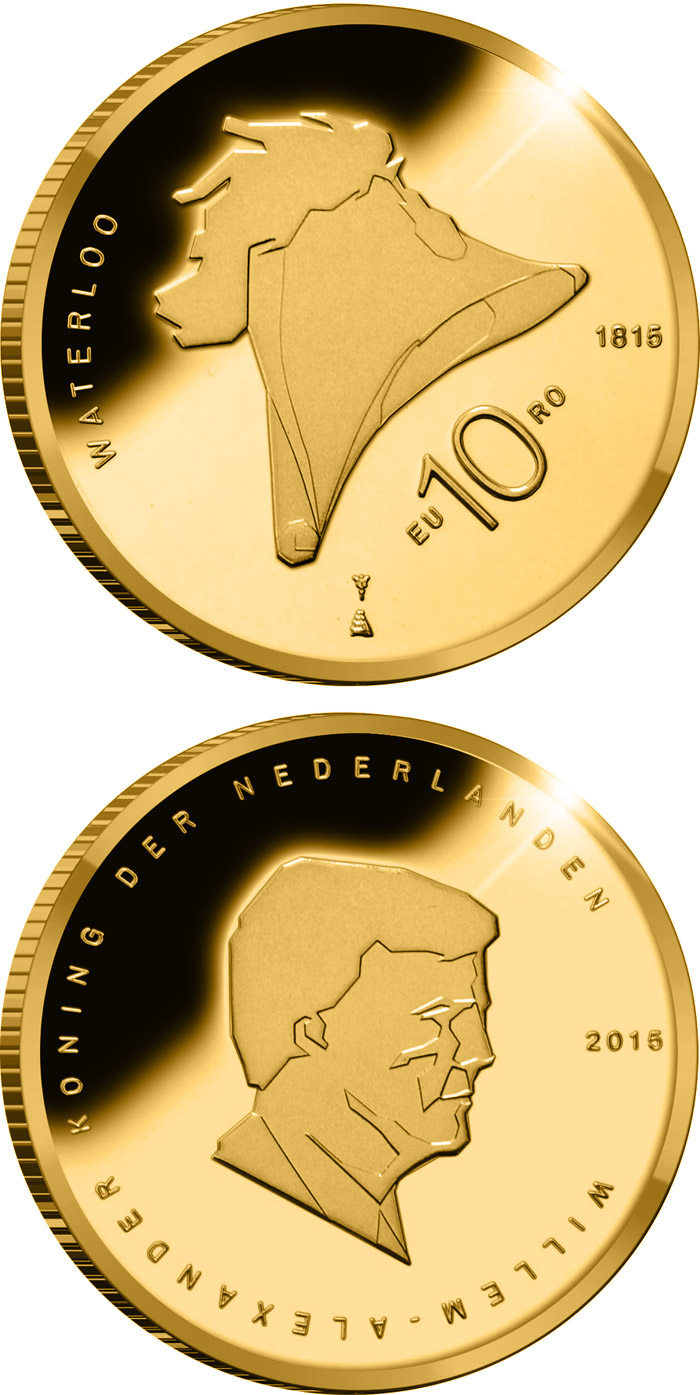 Image of 10 euro coin - 200th Anniversary of the Battle of Waterloo | Netherlands 2015.  The Gold coin is of Proof quality.