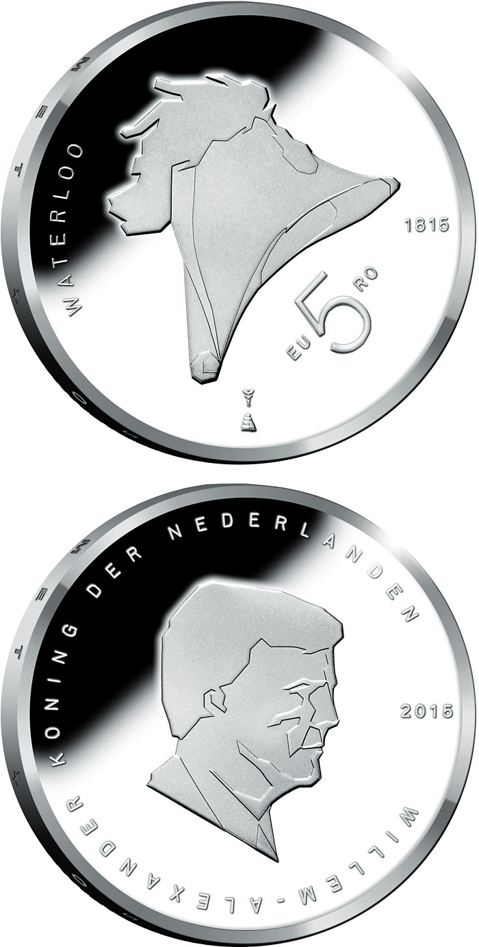 Image of 5 euro coin - 200th Anniversary of the Battle of Waterloo | Netherlands 2015.  The Silver coin is of Proof, UNC quality.