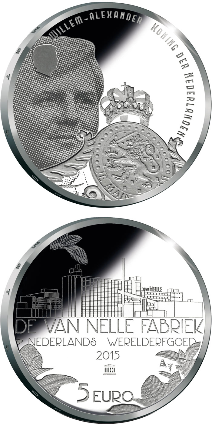 Image of 5 euro coin - Van-Nelle-Fabrik | Netherlands 2015.  The Silver coin is of Proof, UNC quality.
