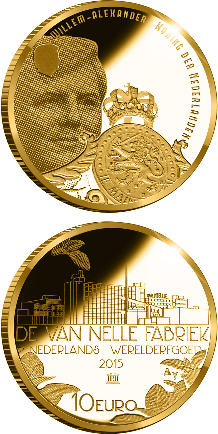 Image of 10 euro coin - Van-Nelle-Fabrik | Netherlands 2015.  The Gold coin is of Proof quality.