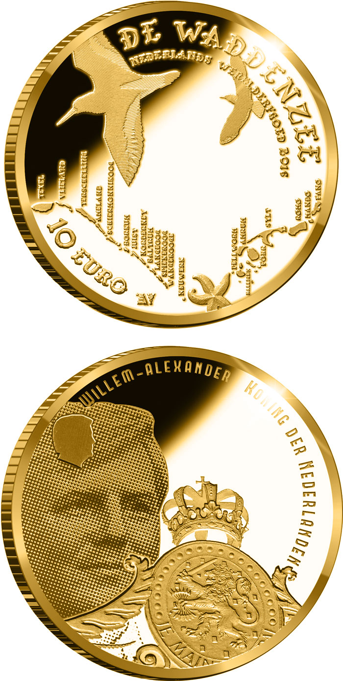 Image of 10 euro coin - Wadden Vijfje | Netherlands 2016.  The Gold coin is of Proof quality.
