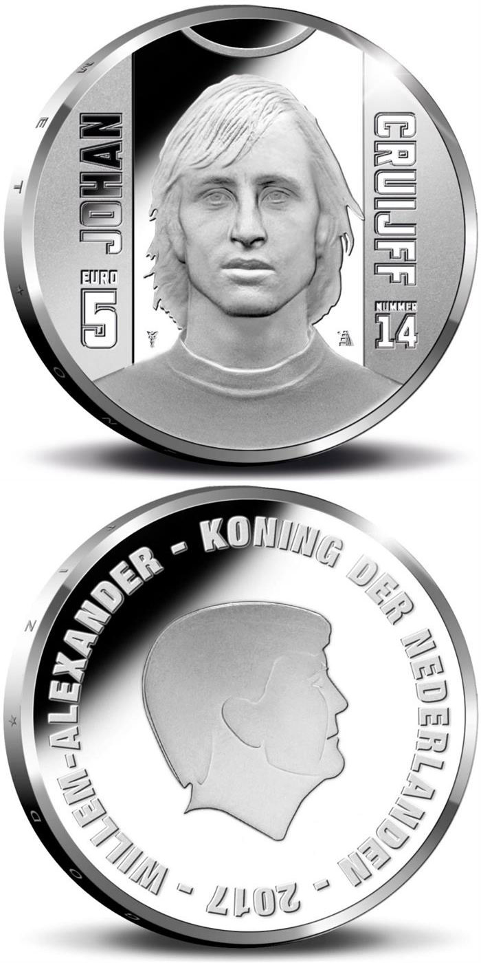 Image of 5 euro coin - Sports Icons: Johan Cruyff | Netherlands 2017.  The Silver coin is of Proof, UNC quality.
