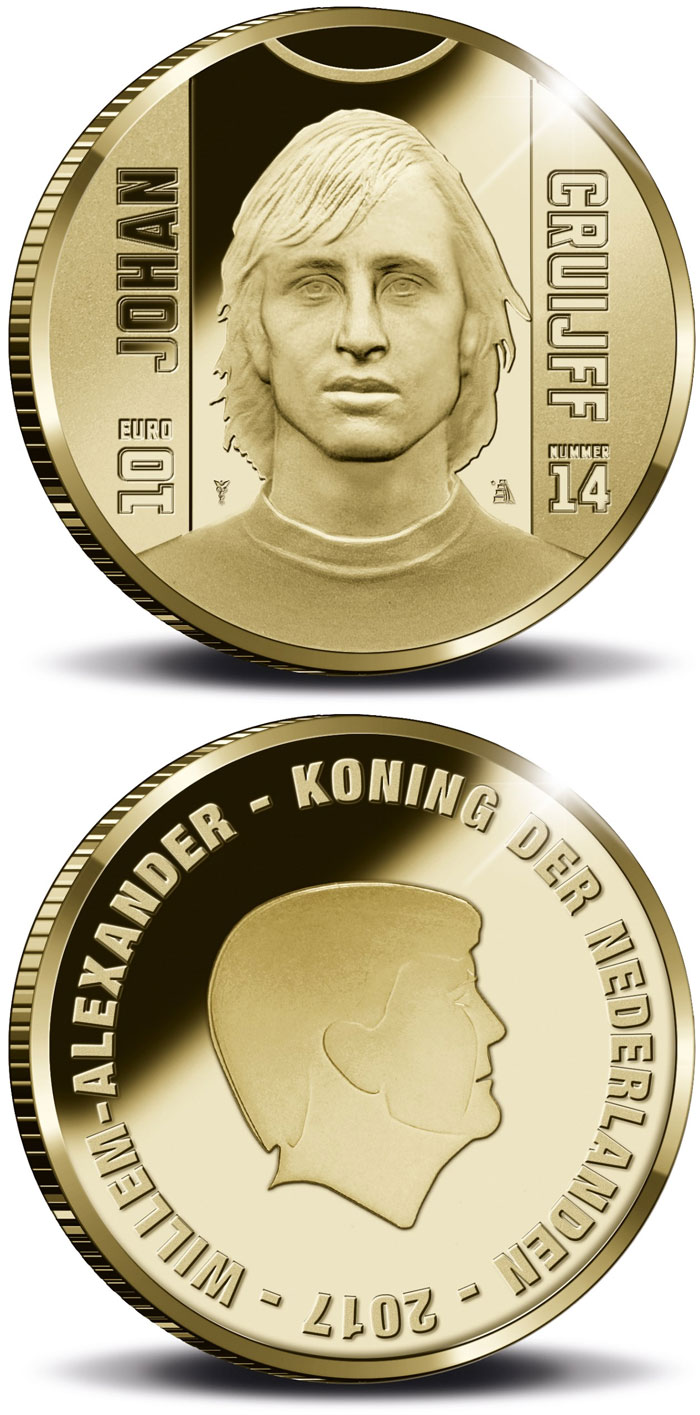 Image of 10 euro coin - Sports Icons: Johan Cruyff | Netherlands 2017.  The Gold coin is of Proof quality.