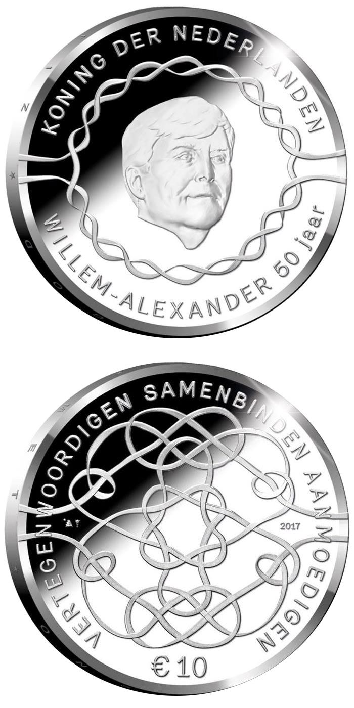 Image of 10 euro coin - King Willem-Alexander 50 Years | Netherlands 2017.  The Silver coin is of Proof quality.