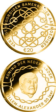 Image of 20 euro coin - King Willem-Alexander 50 Years | Netherlands 2017.  The Gold coin is of Proof quality.