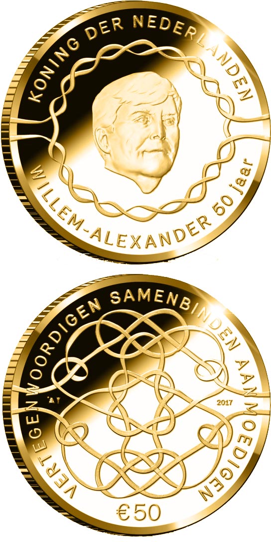 Image of 50 euro coin - King Willem-Alexander 50 Years | Netherlands 2017.  The Gold coin is of Proof quality.