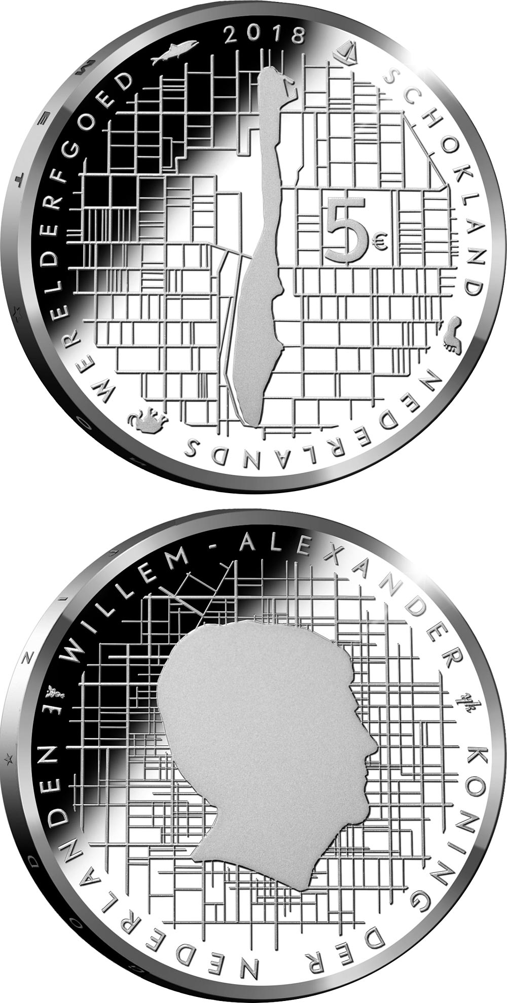 Image of 5 euro coin - Schokland | Netherlands 2018.  The Silver coin is of Proof, UNC quality.